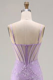 Floral Purple Corset Appliqued Mermaid Long Prom Dress with Slit