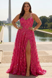 Floral Fuchsia Beaded Long Corset Prom Dress with Bows