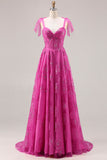 Floral Fuchsia Beaded Long Corset Prom Dress with Bows