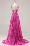 Floral Fuchsia Beaded Long Corset Prom Dress with Bows