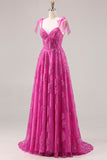 Floral Fuchsia Beaded Long Corset Prom Dress with Bows