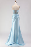 Sparkly Blue Satin Mermaid Sequined Long Corset Prom Dress with Slit