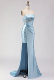 Sparkly Blue Satin Mermaid Sequined Long Corset Prom Dress with Slit