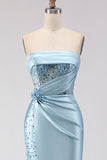 Sparkly Blue Satin Mermaid Sequined Long Corset Prom Dress with Slit