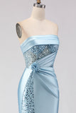 Sparkly Blue Satin Mermaid Sequined Long Corset Prom Dress with Slit