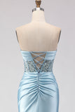 Sparkly Blue Satin Mermaid Sequined Long Corset Prom Dress with Slit