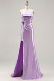 Sparkly Purple Mermaid Satin Long Corset Prom Dress with Slit