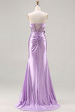 Sparkly Purple Mermaid Satin Long Corset Prom Dress with Slit