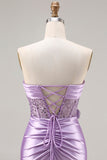 Sparkly Purple Mermaid Satin Long Corset Prom Dress with Slit