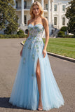 Blue Floral Tulle Sweetheart A Line Long Prom Corset Dress with Slit