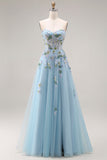 Blue Floral Tulle Sweetheart A Line Long Prom Corset Dress with Slit
