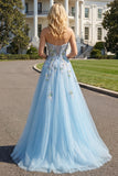 Blue Floral Tulle Sweetheart A Line Long Prom Corset Dress with Slit