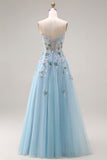 Blue Floral Tulle Sweetheart A Line Long Prom Corset Dress with Slit