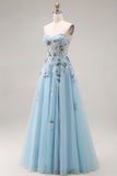 Blue Floral Tulle Sweetheart A Line Long Prom Corset Dress with Slit