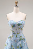 Blue Floral Tulle Sweetheart A Line Long Prom Corset Dress with Slit