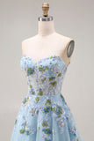 Blue Floral Tulle Sweetheart A Line Long Prom Corset Dress with Slit