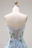 Blue Floral Tulle Sweetheart A Line Long Prom Corset Dress with Slit