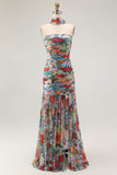 Blue Red Neck Scarf Floral Maxi Wedding Guest Dress with Slit
