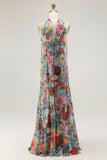 Blue Red Neck Scarf Floral Maxi Wedding Guest Dress with Slit