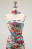 Blue Red Neck Scarf Floral Maxi Wedding Guest Dress with Slit