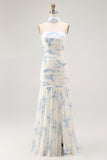 White Blue Neck Scarf Floral Maxi Bridesmaid Dress with Slit