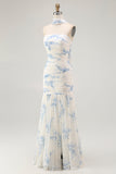White Blue Neck Scarf Floral Maxi Bridesmaid Dress with Slit