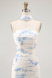 White Blue Neck Scarf Floral Maxi Bridesmaid Dress with Slit