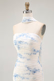 White Blue Neck Scarf Floral Maxi Bridesmaid Dress with Slit