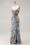 Blue Floral Spaghetti Straps Mermaid Maxi Wedding Guest Dress with Slit