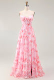 Pink Corset Floral A Line Long Bridesmaid Dress with Slit