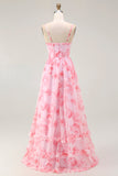 Pink Corset Floral A Line Long Bridesmaid Dress with Slit