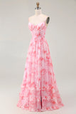 Pink Corset Floral A Line Long Bridesmaid Dress with Slit