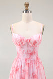 Pink Corset Floral A Line Long Bridesmaid Dress with Slit