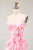 Pink Corset Floral A Line Long Bridesmaid Dress with Slit