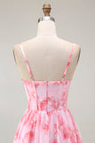 Pink Corset Floral A Line Long Bridesmaid Dress with Slit