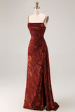 Burgundy Corset Spaghetti Straps Long Velvet Wedding Guest Dress with Slit