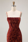 Burgundy Corset Spaghetti Straps Long Velvet Wedding Guest Dress with Slit