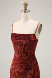 Burgundy Corset Spaghetti Straps Long Velvet Wedding Guest Dress with Slit