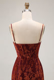 Burgundy Corset Spaghetti Straps Long Velvet Wedding Guest Dress with Slit