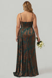 Dark Green Plus Size Corset Velvet Floral Maxi Wedding Guest Dress with Side Cape