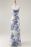 White Blue Floral Corset Sheath Long Bridesmaid Dress with Sit