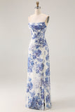 White Blue Floral Corset Sheath Long Bridesmaid Dress with Sit