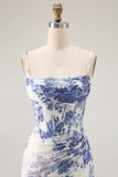 White Blue Floral Corset Sheath Long Bridesmaid Dress with Sit