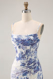 White Blue Floral Corset Sheath Long Bridesmaid Dress with Sit