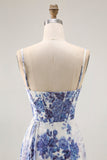 White Blue Floral Corset Sheath Long Bridesmaid Dress with Sit