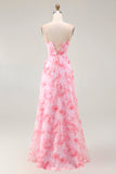 Pink Floral A Line Cowl Neck Maxi Bridesmaid Dress with Slit
