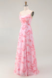 Pink Floral A Line Cowl Neck Maxi Bridesmaid Dress with Slit