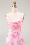 Pink Floral A Line Cowl Neck Maxi Bridesmaid Dress with Slit
