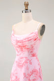 Pink Floral A Line Cowl Neck Maxi Bridesmaid Dress with Slit