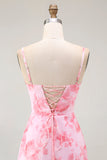 Pink Floral A Line Cowl Neck Maxi Bridesmaid Dress with Slit